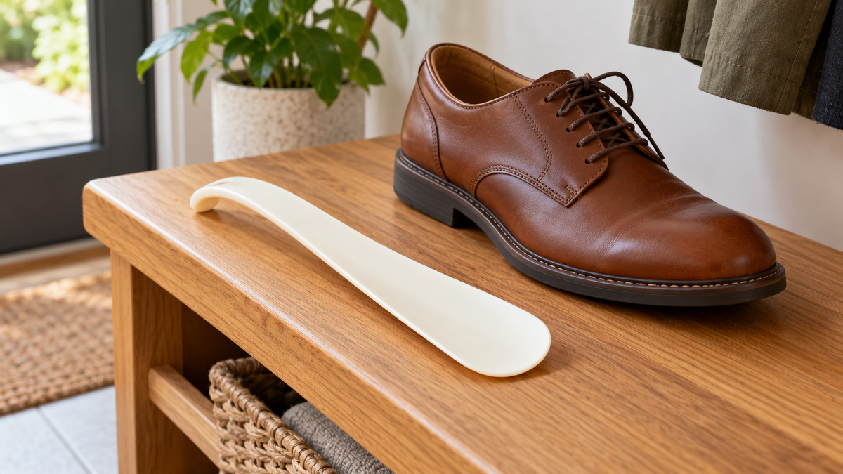 Smooth ivory shoe horn beside a brown lace-up shoe on an entryway bench