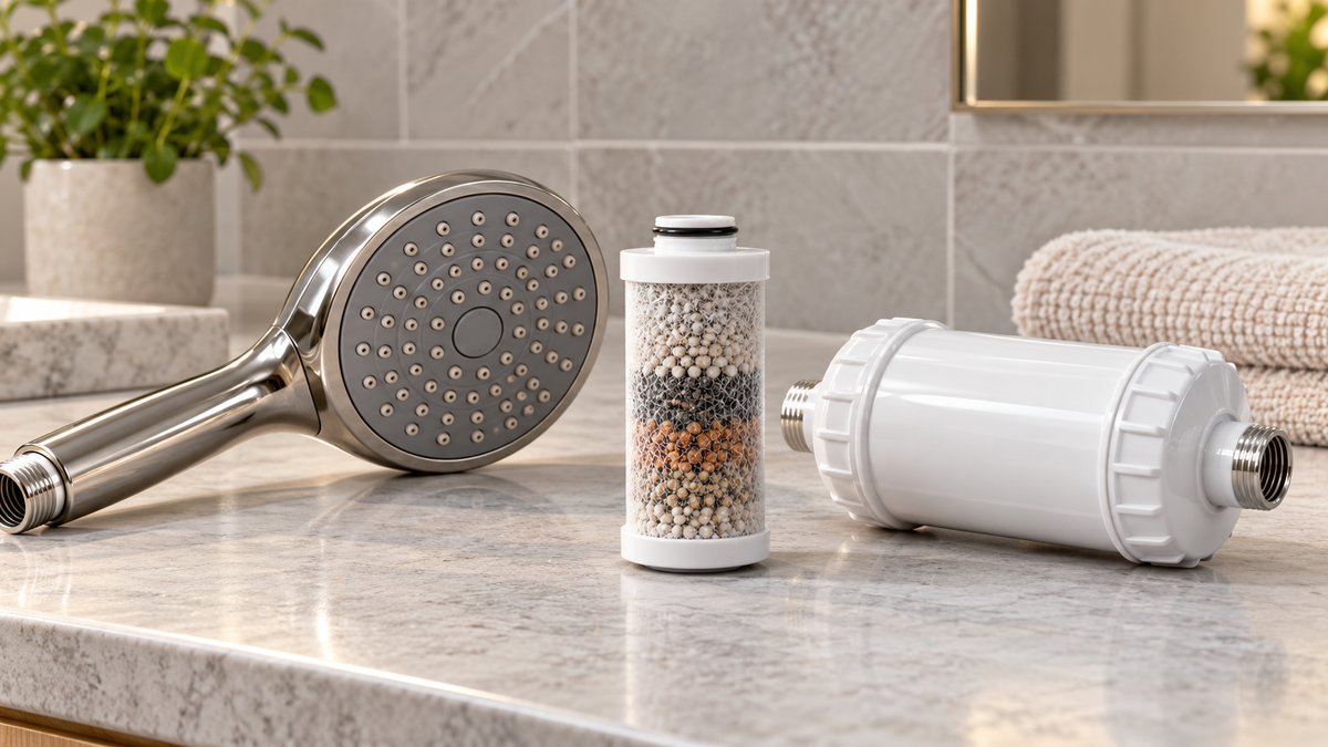 Shower filter cartridge and inline housing beside a showerhead on a dry counter