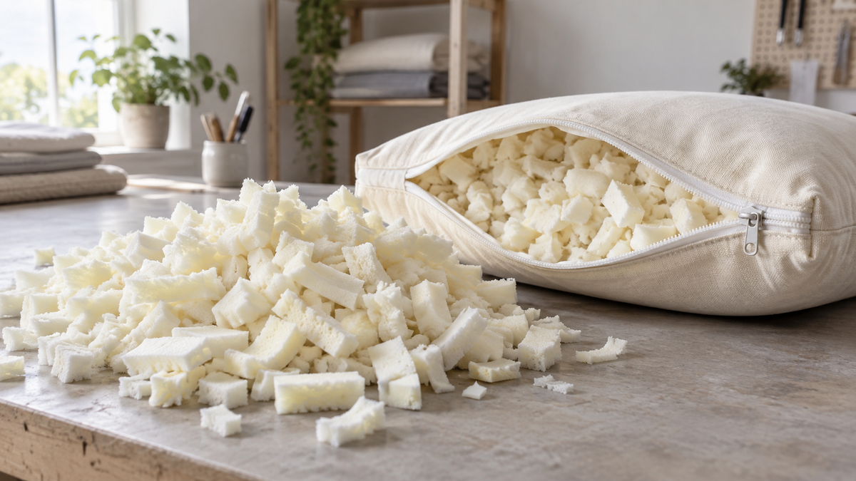 Loose unbranded shredded latex foam fill displayed beside a zippered cushion liner