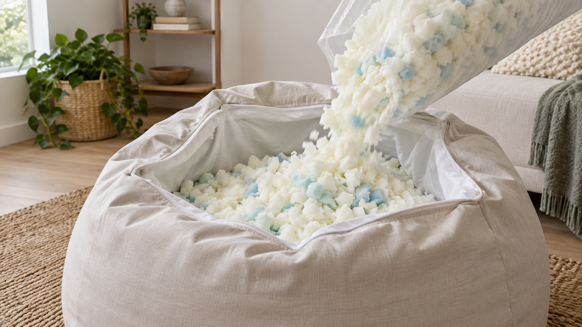 Loose shredded memory foam being added to an unbranded bean bag liner in a clean room