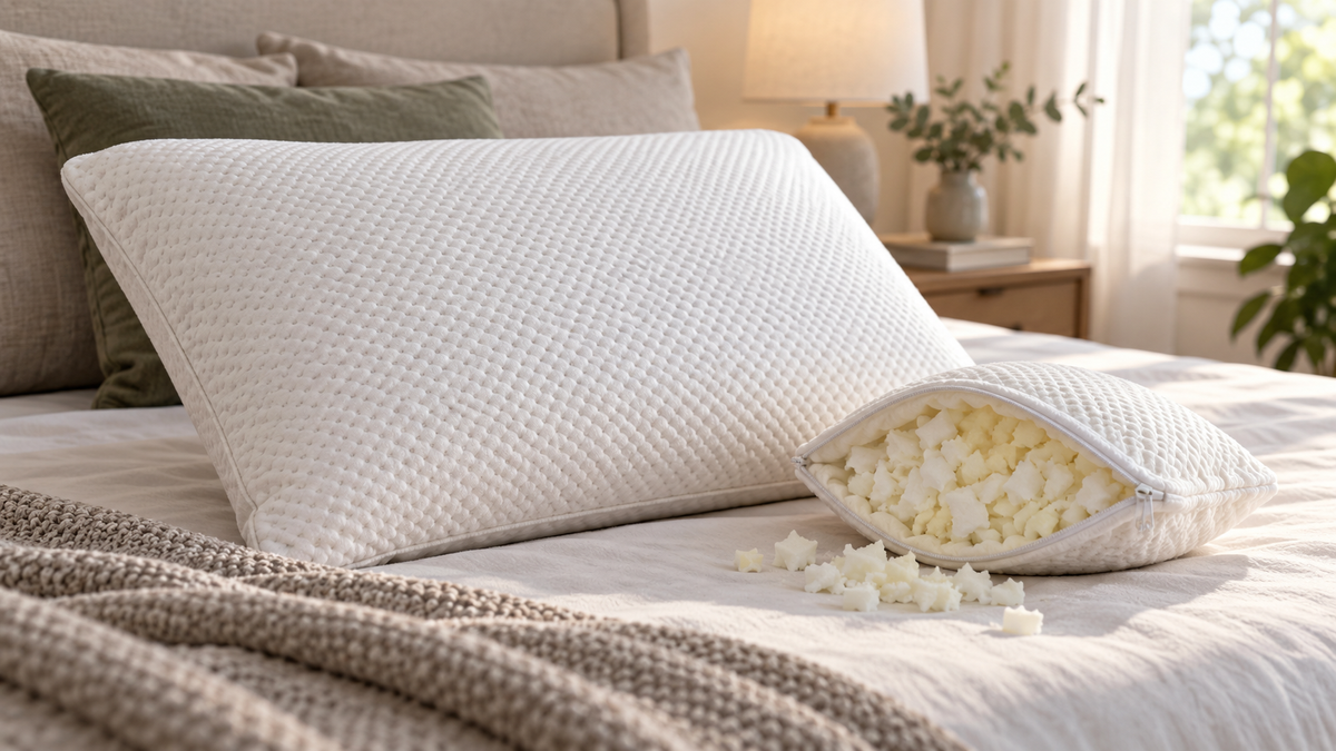 Pillow with a sample of shredded polyurethane foam fill