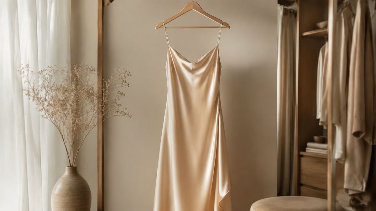 Elegant silk dress with fluid drape in a neutral dressing room