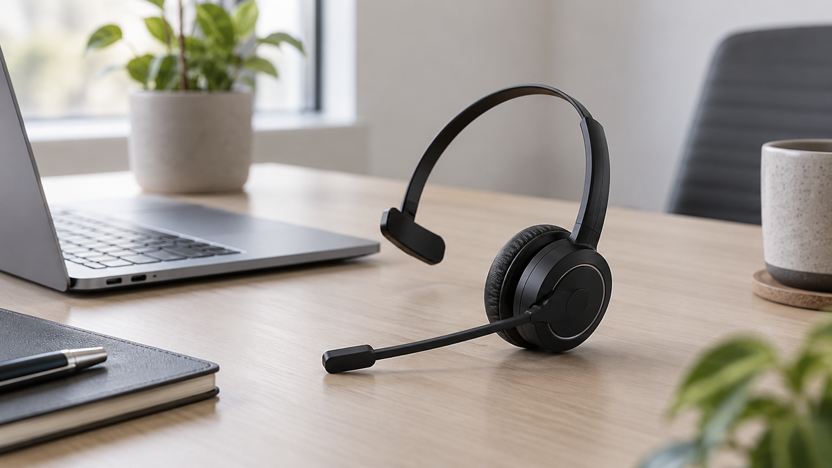 Single-ear Bluetooth headset with microphone beside a laptop