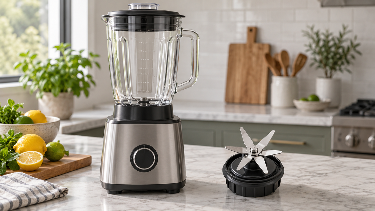Unbranded blender with a visible six-blade assembly beside a clear empty jar