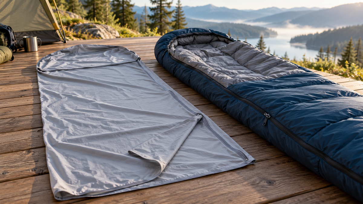 A lightweight sleeping bag liner unfolded beside a sleeping bag on a wooden camping platform