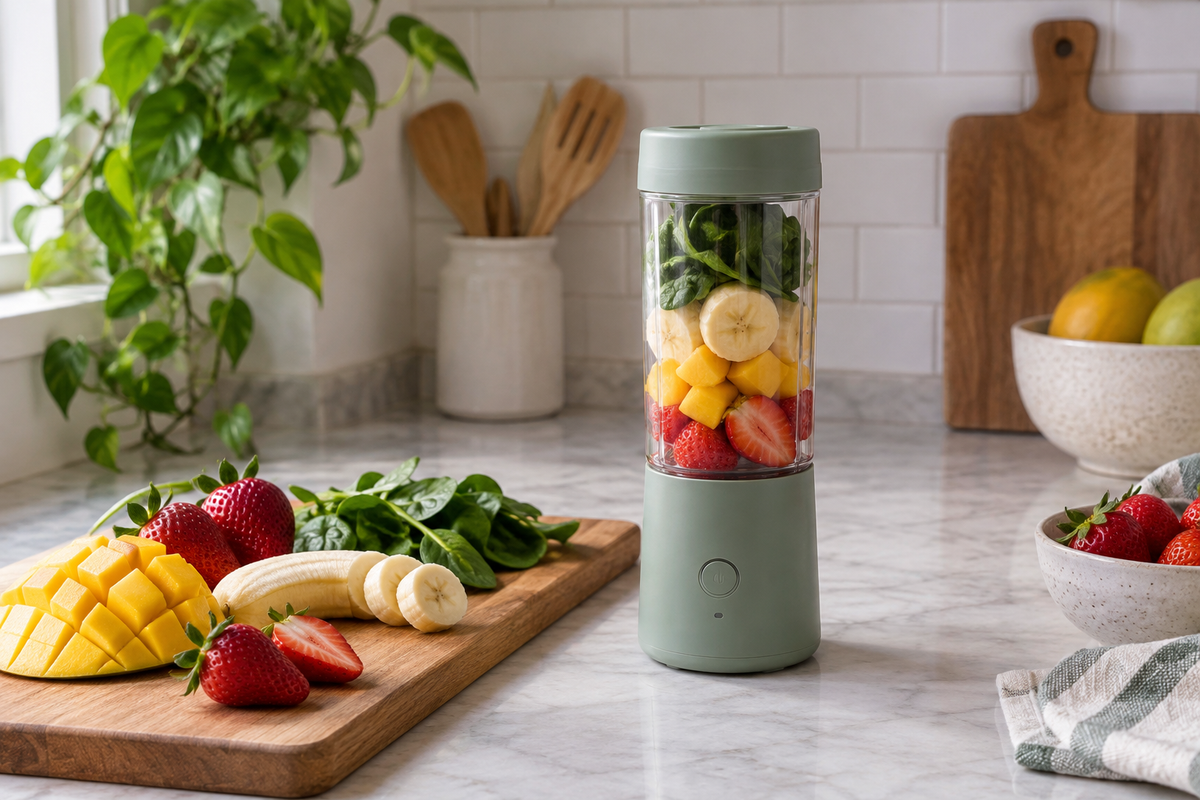 Unbranded small battery-powered blender with fruit on a kitchen counter
