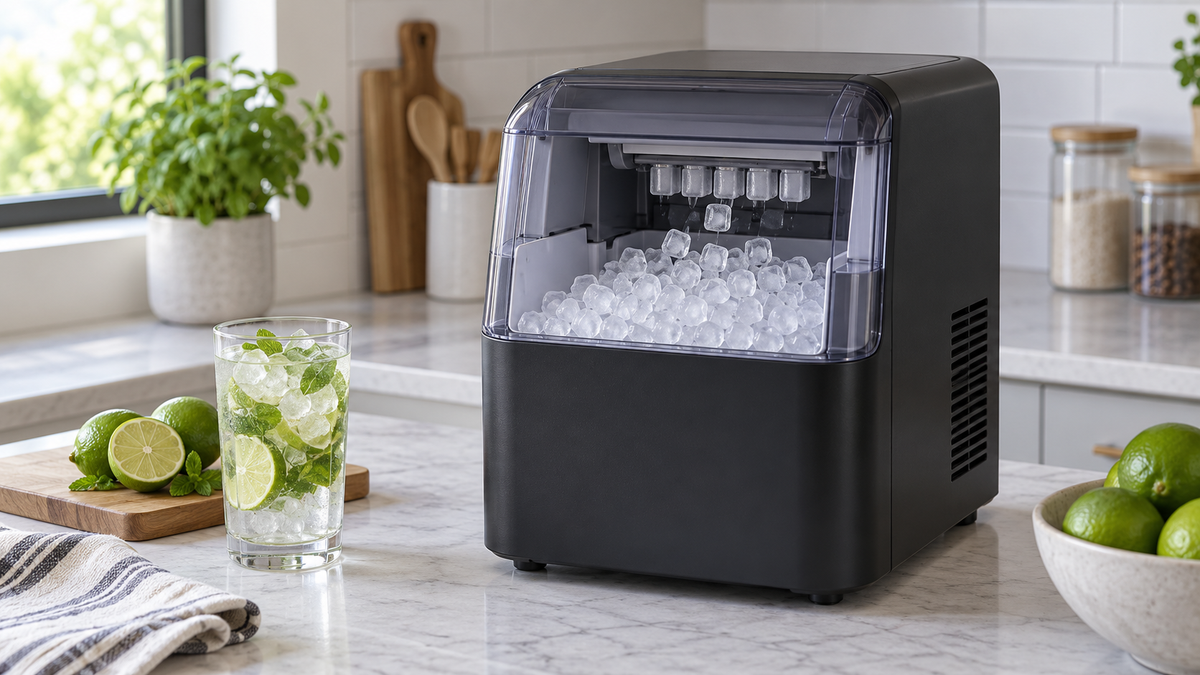Compact unbranded ice machine producing small clear cubes on a clean counter