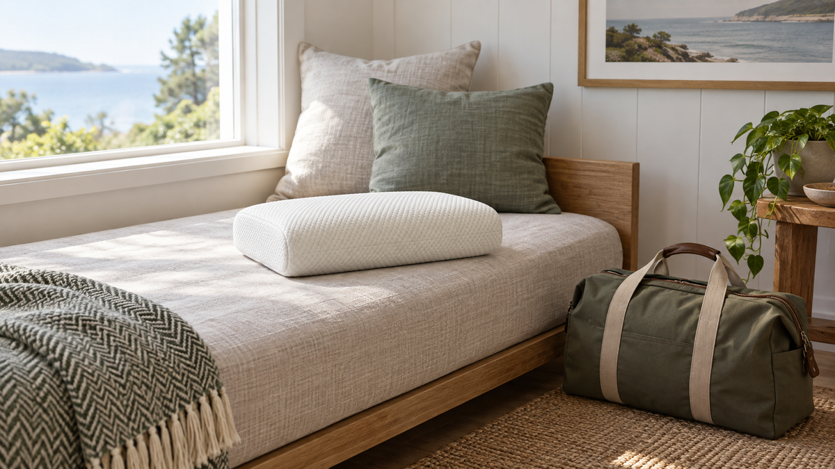 Small unbranded foam pillow on a compact daybed beside a travel bag