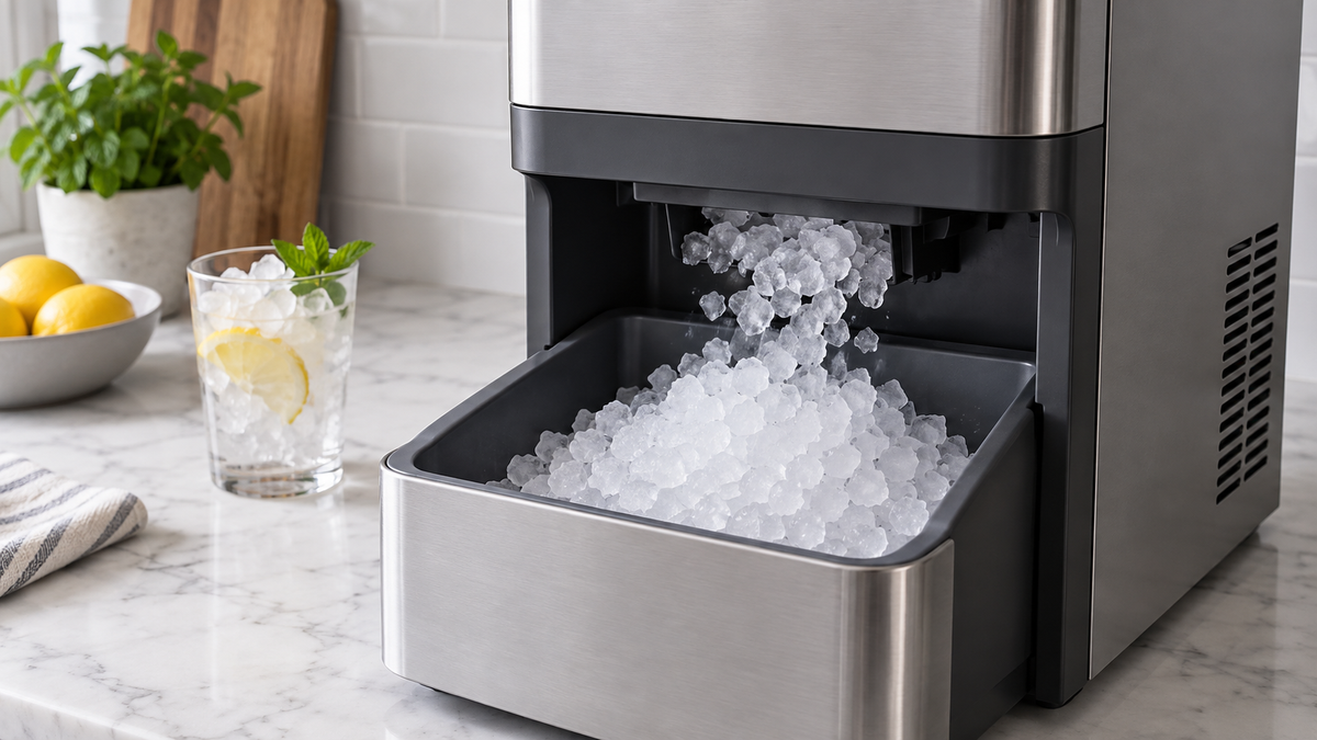 Compact ice chip maker producing small ice chips into a bin