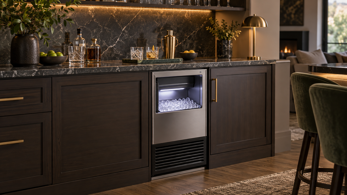 Unbranded compact ice machine installed in a clean home bar setup