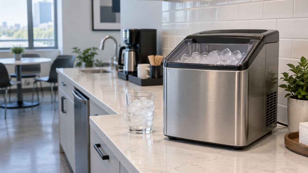 Compact unbranded ice machine on a clean office break room counter with a glass of ice nearby