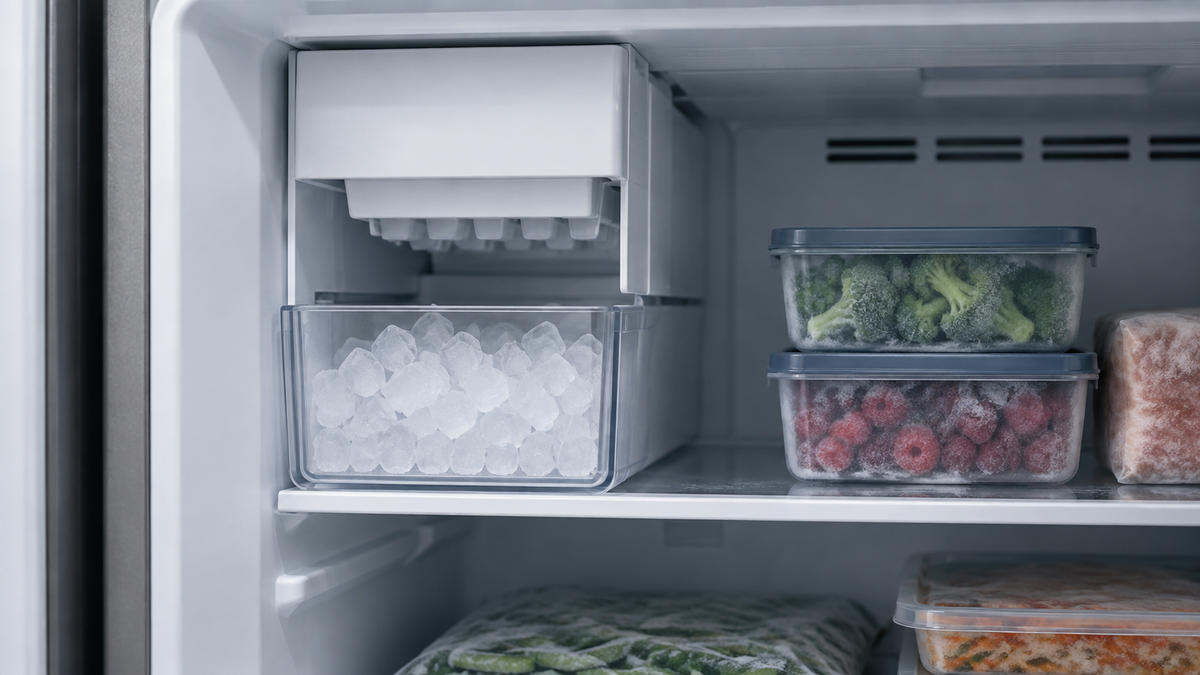 Unbranded compact freezer ice maker installed inside a clean freezer compartment