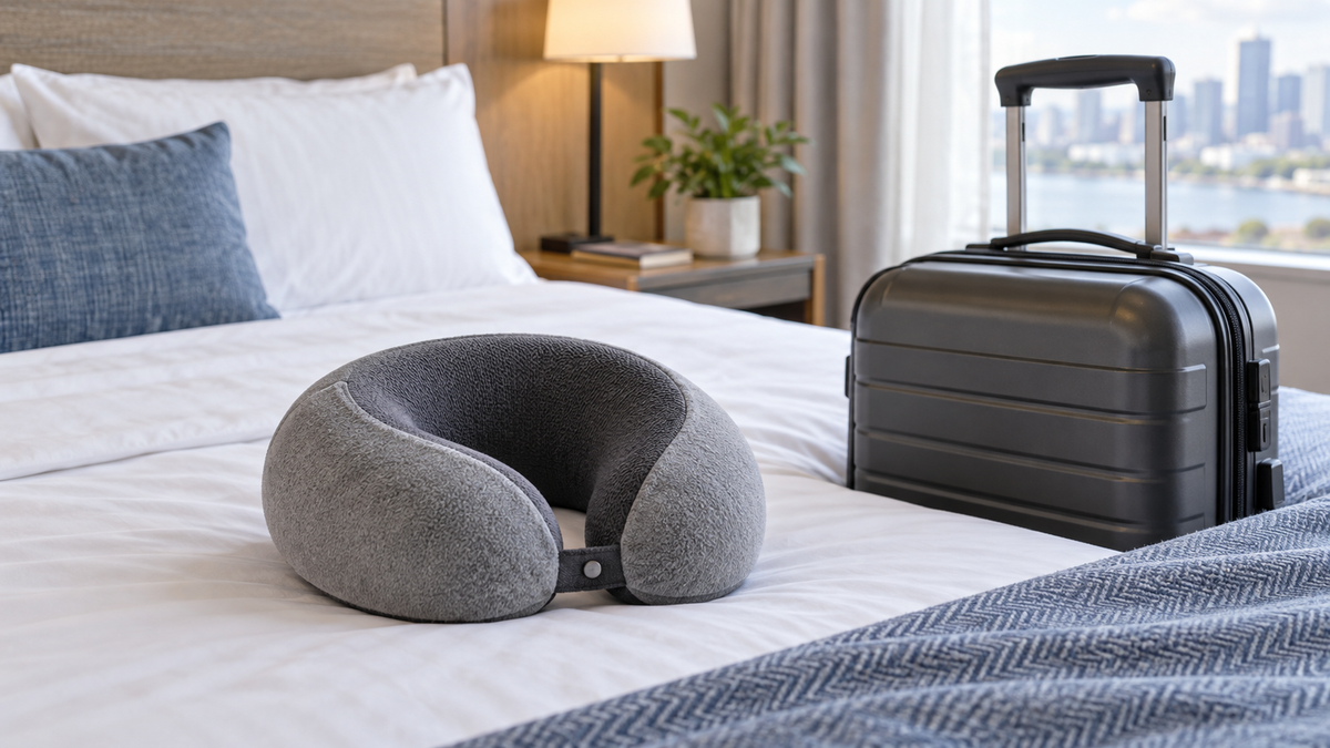 Small memory foam travel pillow beside a carry-on bag on a hotel bed