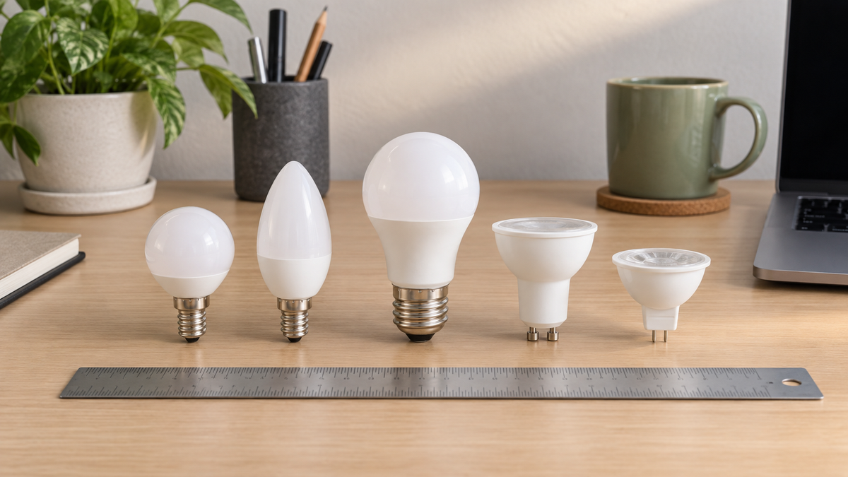 Several unbranded compact smart bulbs in different small shapes beside a measuring ruler