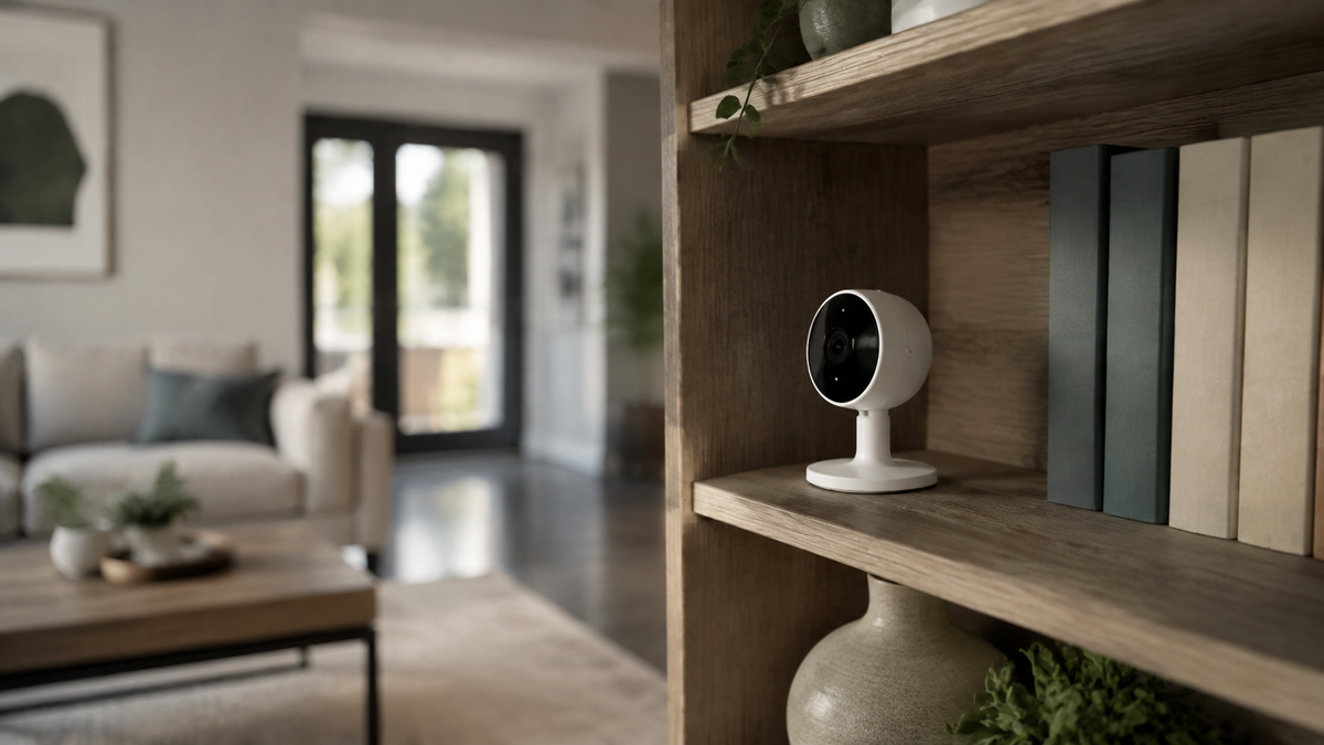 Small unbranded WiFi security camera on a living room shelf