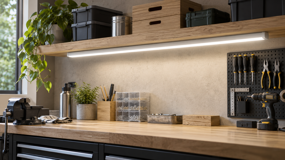Unbranded smart LED batten light mounted beneath a clean workshop shelf