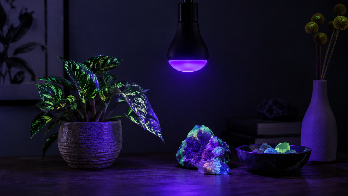 Unbranded smart black light bulb casting a subtle violet glow on fluorescent objects