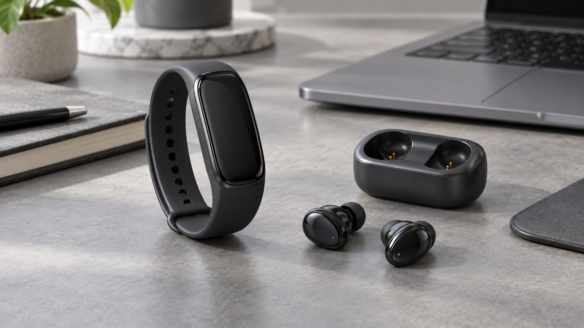 Unbranded smart bracelet with compact TWS earbuds displayed beside their charging cradle