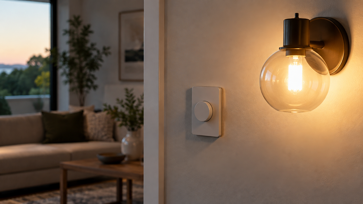 Unbranded wireless dimmer control beside a smart bulb in a neutral interior