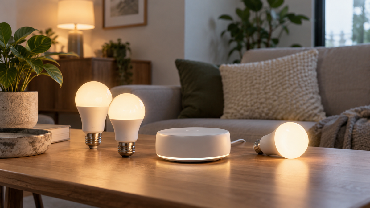 Unbranded smart lighting hub and several illuminated bulbs on a simple table