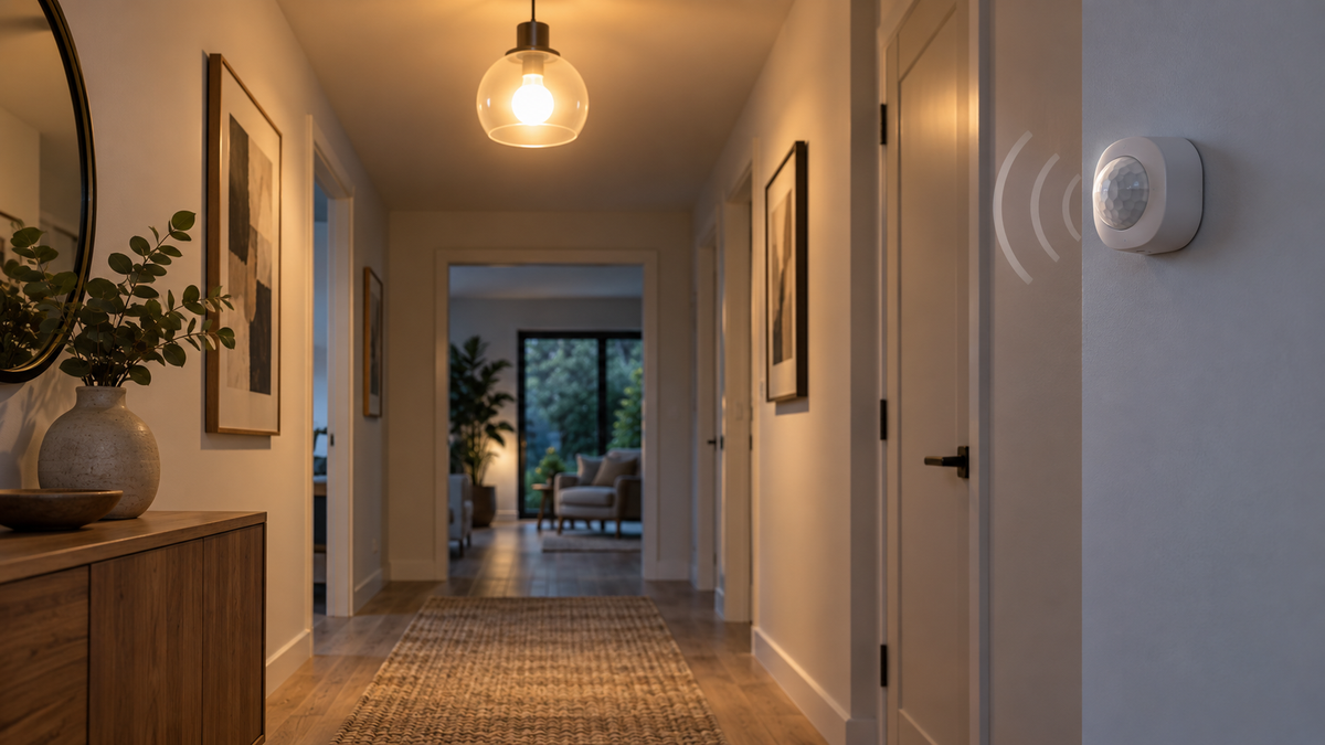 Unbranded smart bulb activating from a visible motion sensor in a modern hallway