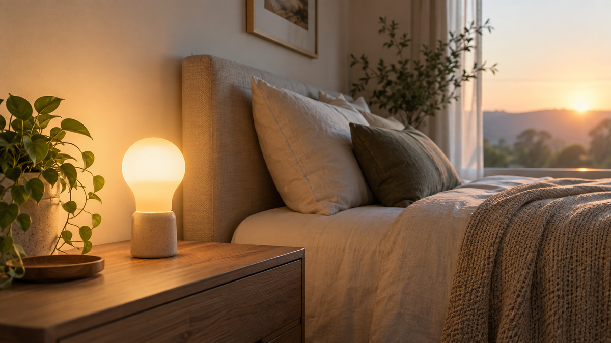 Unbranded smart bedside bulb gradually casting warm dawn-like light into a bedroom