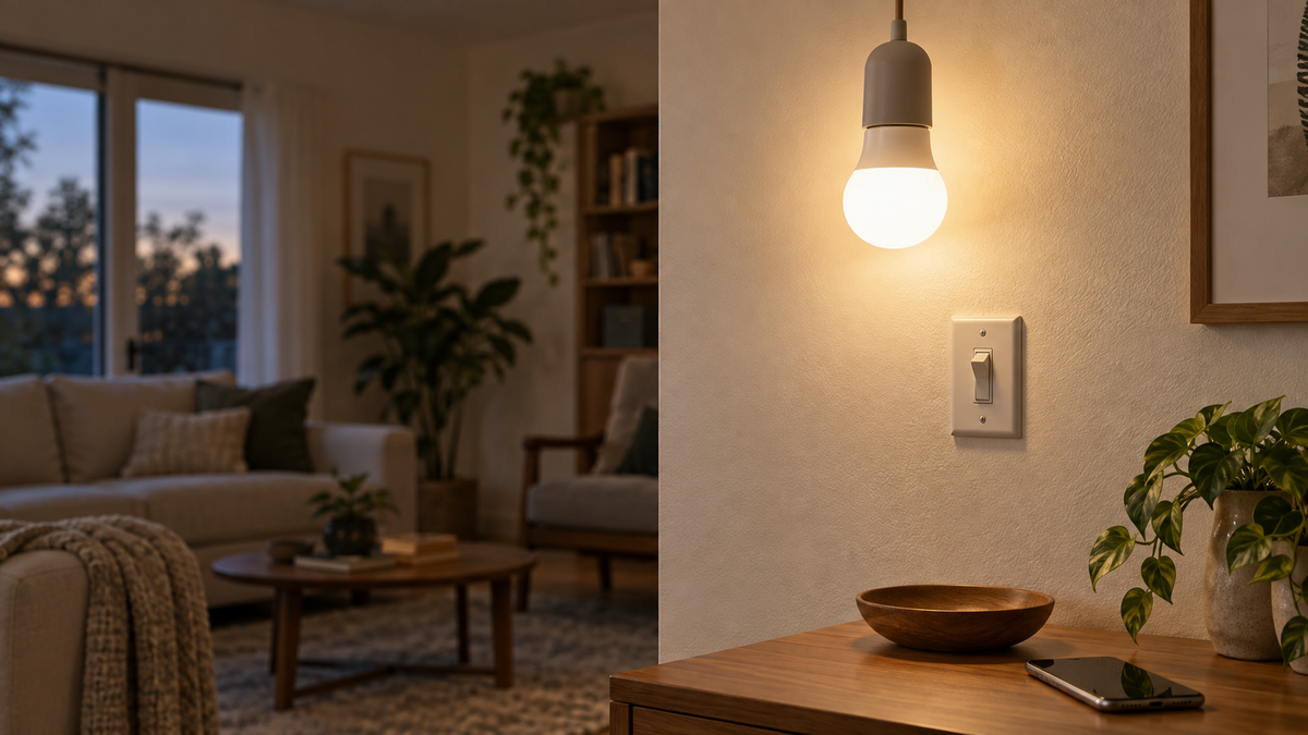 Unbranded smart bulb illuminated above a wall switch in the on position