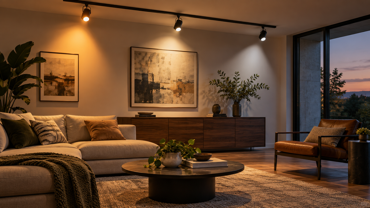 Unbranded smart bulbs installed in adjustable track lighting heads in a modern room