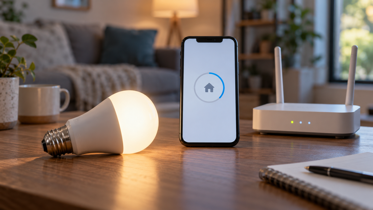 Unbranded smart bulb beside a smartphone during a safe reconnection check