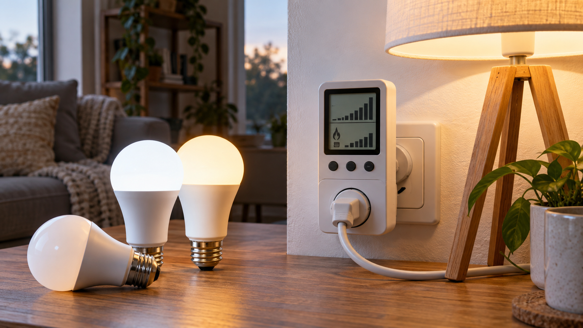 Unbranded smart bulbs beside a plug-in power meter and lighting fixture