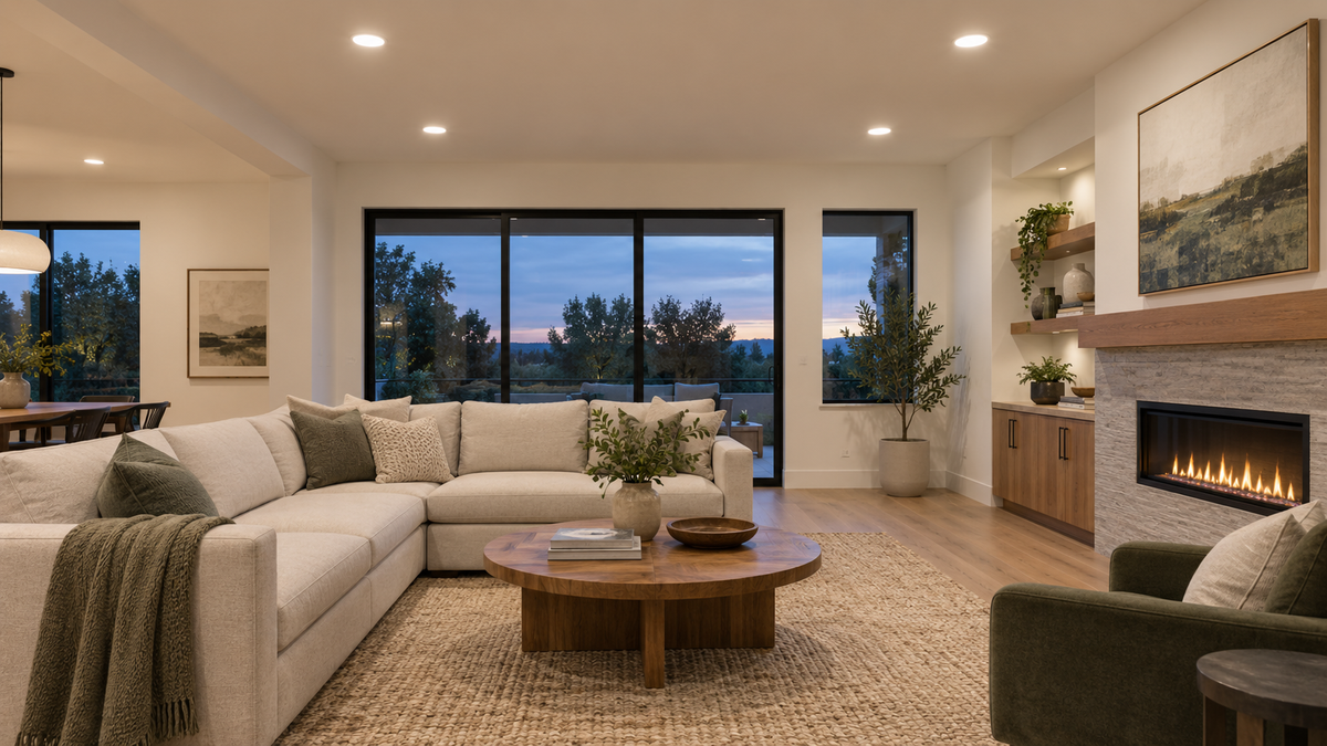 Unbranded smart can light bulbs installed in recessed ceiling fixtures in a clean living room