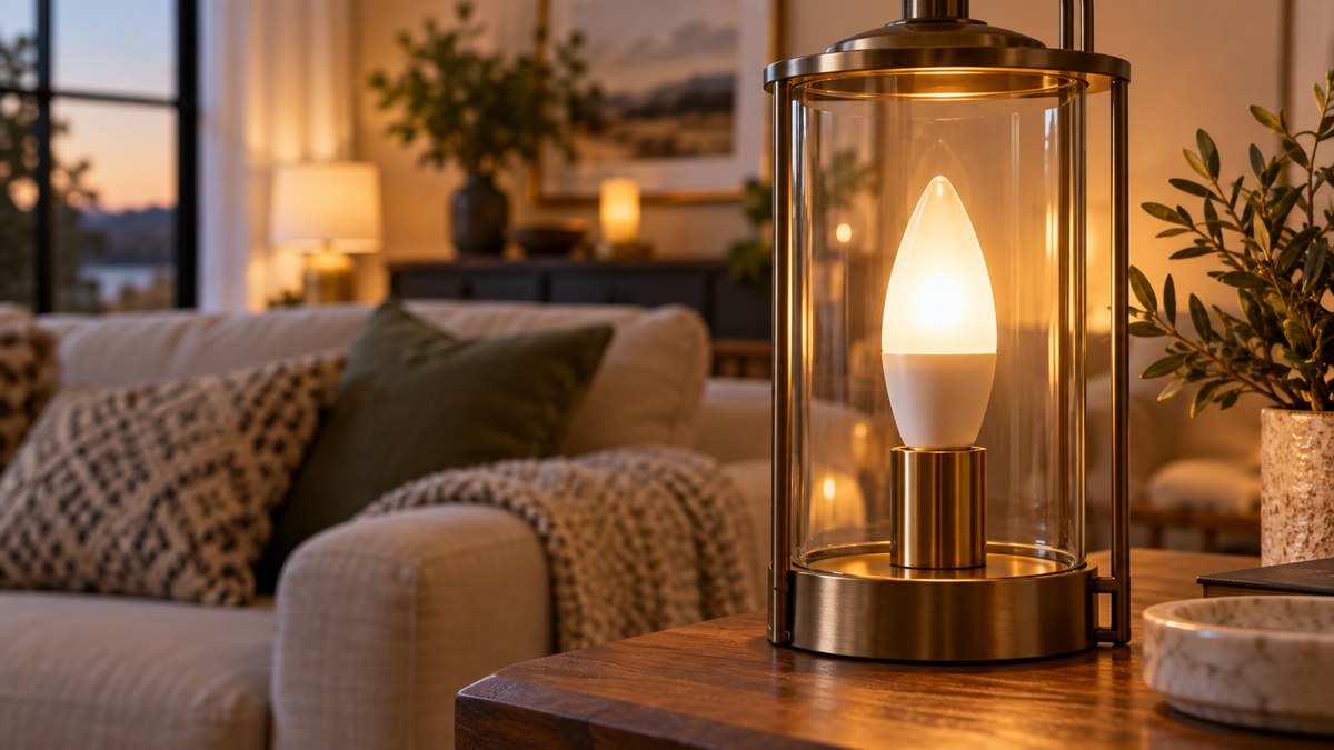 Smart candle bulb glowing in a decorative indoor fixture