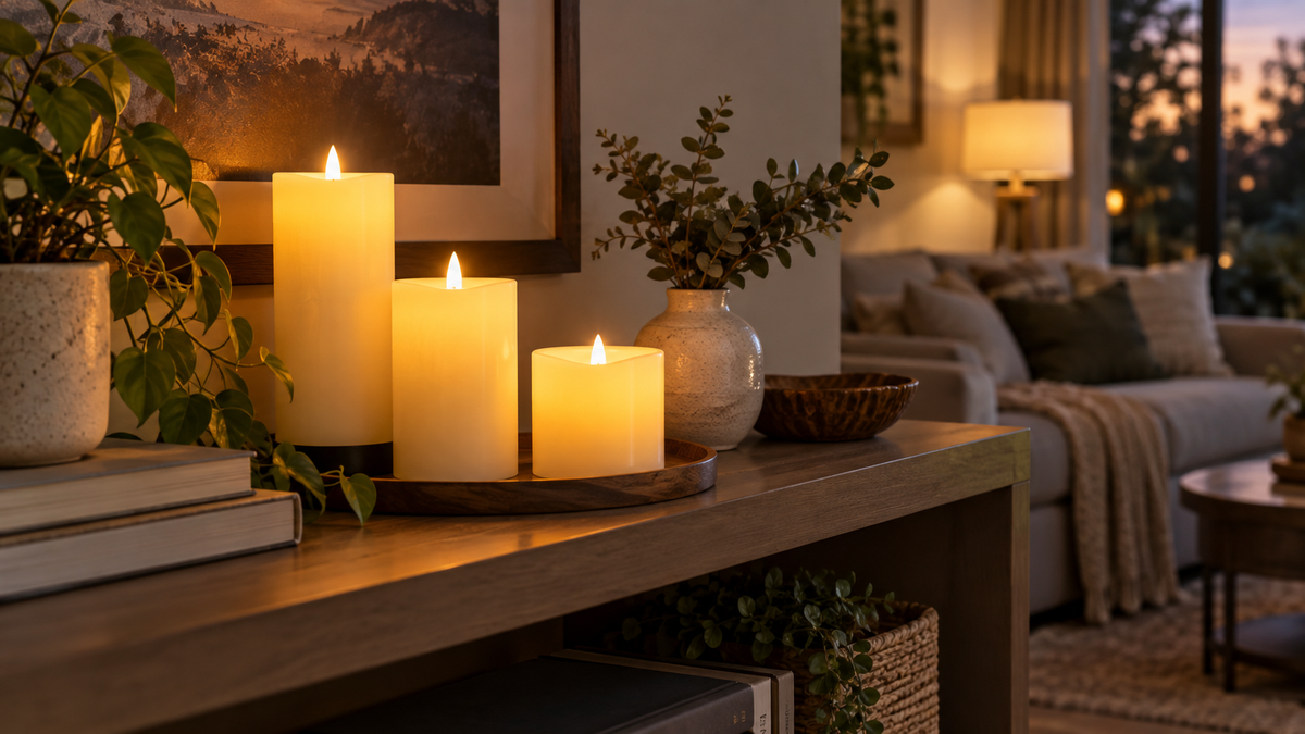 Electronic smart candles creating warm ambient light on a shelf