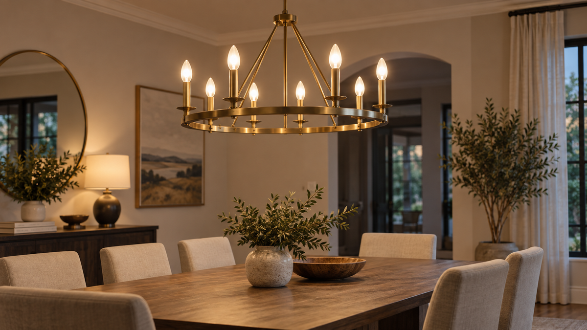 Elegant unbranded chandelier fitted with several small glowing smart bulbs in a neutral dining room