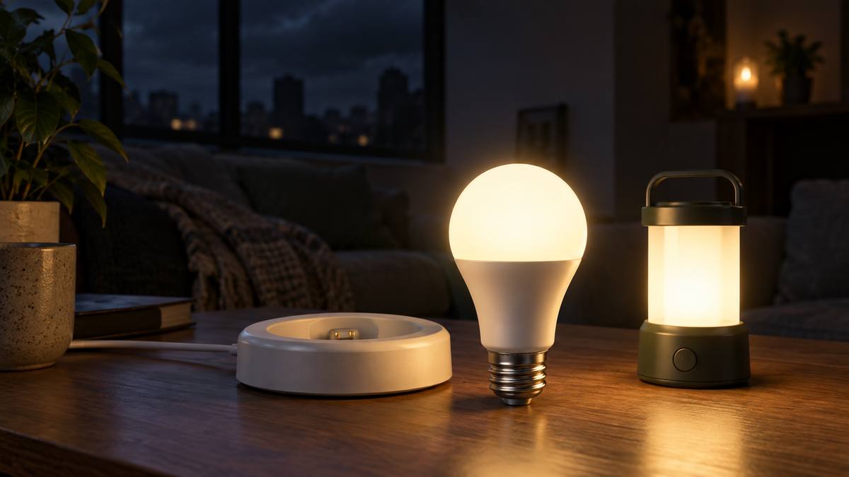 Unbranded rechargeable smart light bulb beside a charging base and emergency lamp