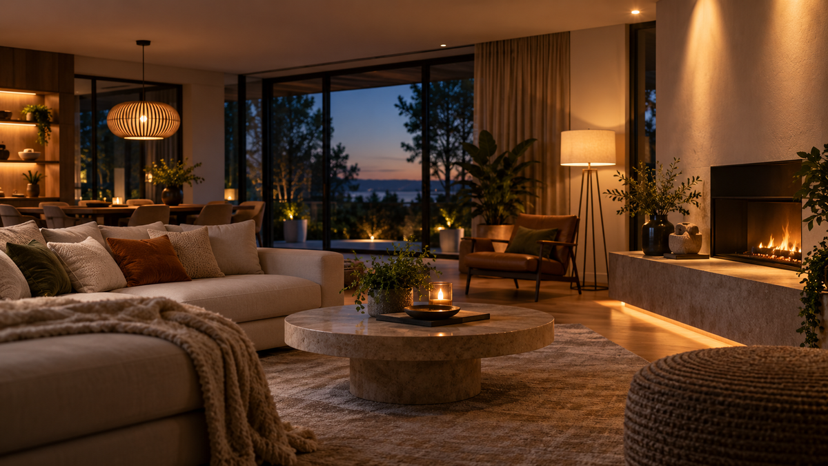 Unbranded connected lighting system illuminating several coordinated zones in a modern room