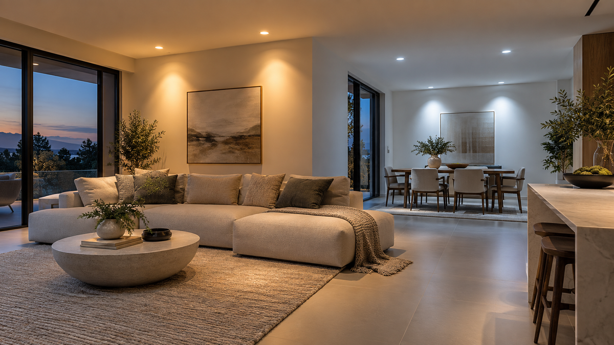 Unbranded smart downlight bulbs illuminating a modern ceiling evenly