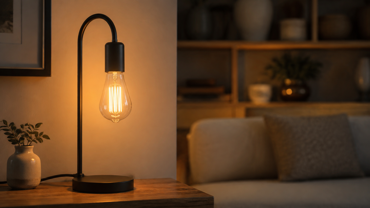 Generic smart Edison-style filament bulb glowing in a simple fixture
