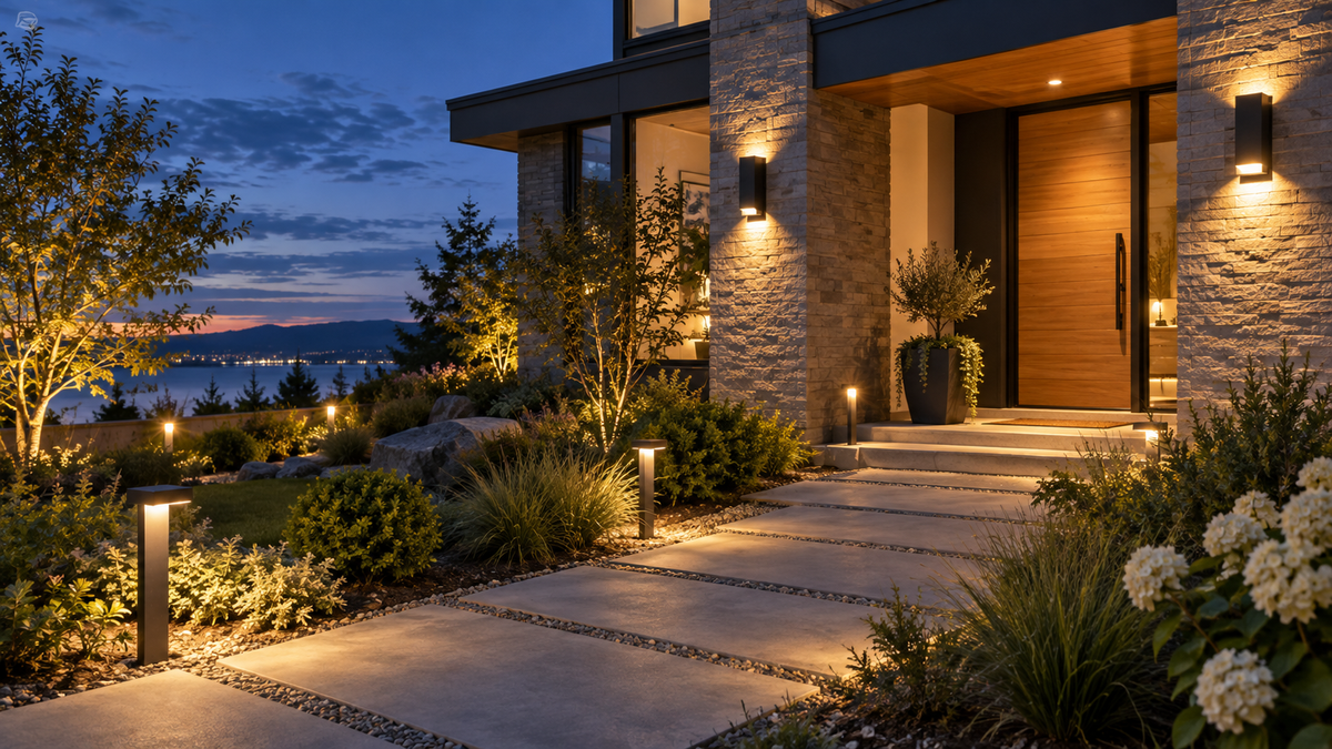 Smart exterior wall and path lights illuminating a modern home entrance