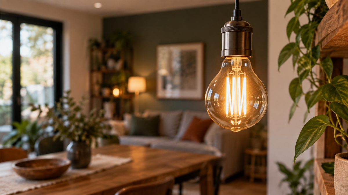 Unbranded smart filament LED bulb glowing warmly in a simple decorative fixture