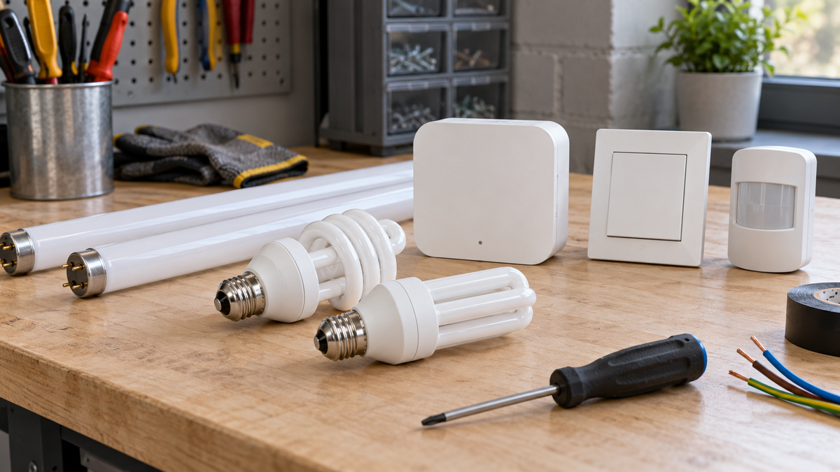Unbranded fluorescent-style lamps and smart control equipment arranged on a clean workbench