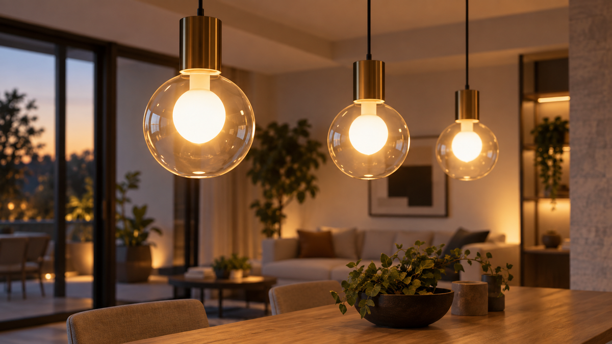 Smart globe light bulbs glowing in modern pendant fixtures