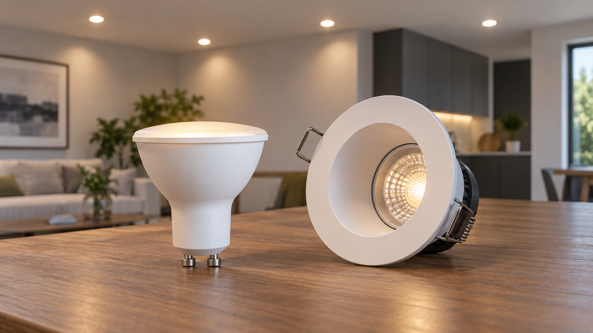 Unbranded GU10 smart LED bulb beside a recessed spotlight fixture in a modern room