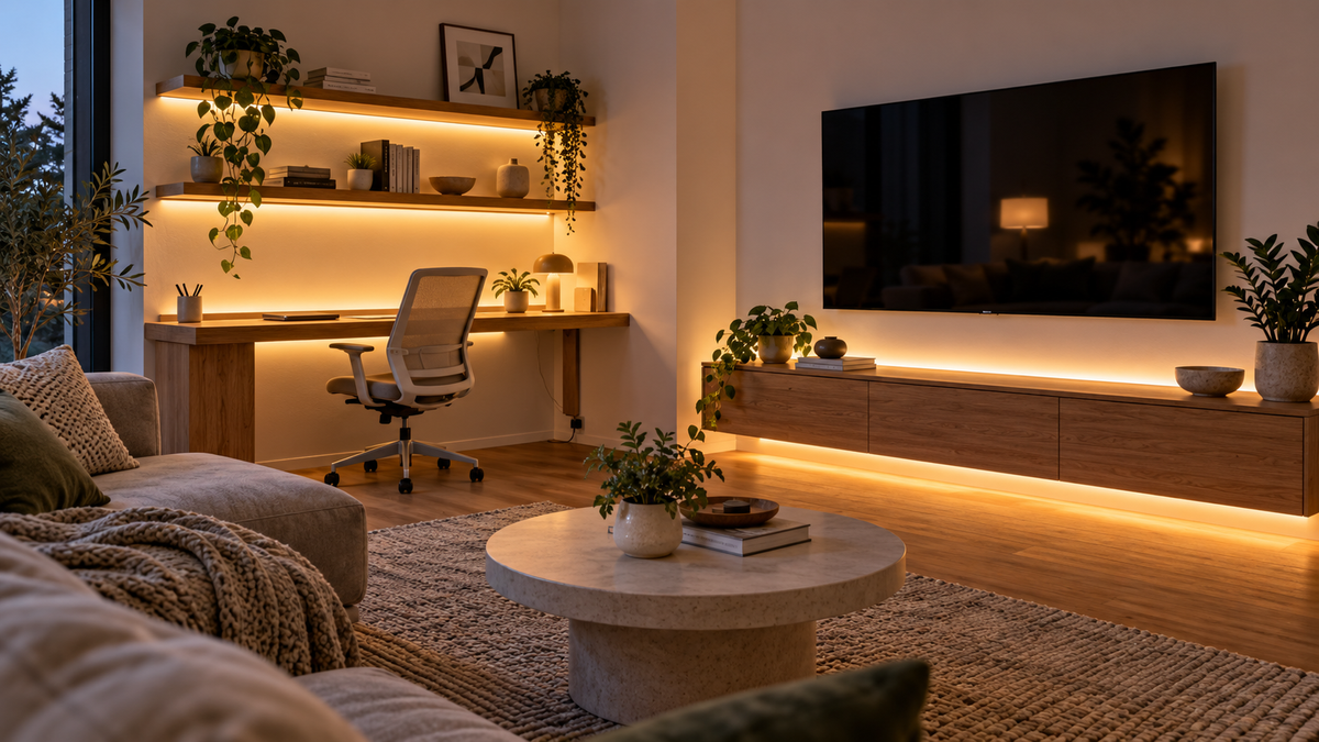Unbranded smart light strips installed as indirect lighting beneath shelves in a modern room