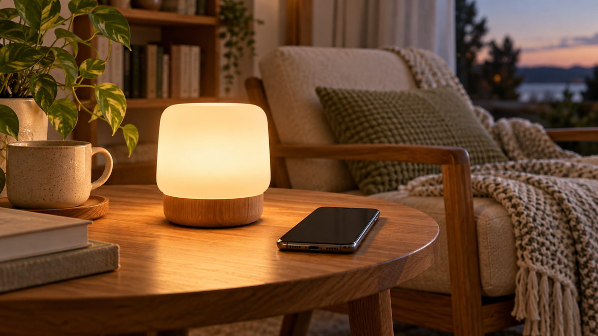 Unbranded Bluetooth smart lamp beside a smartphone in a softly illuminated reading area