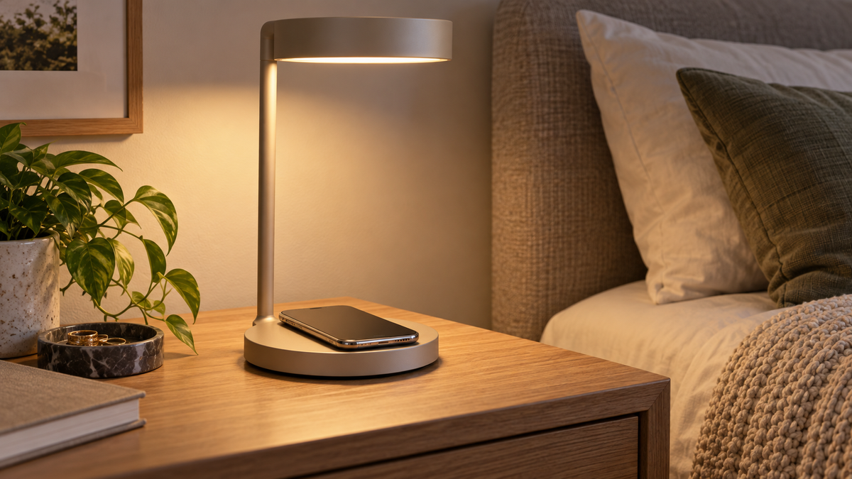 Unbranded smart desk lamp wirelessly charging a generic phone on its base