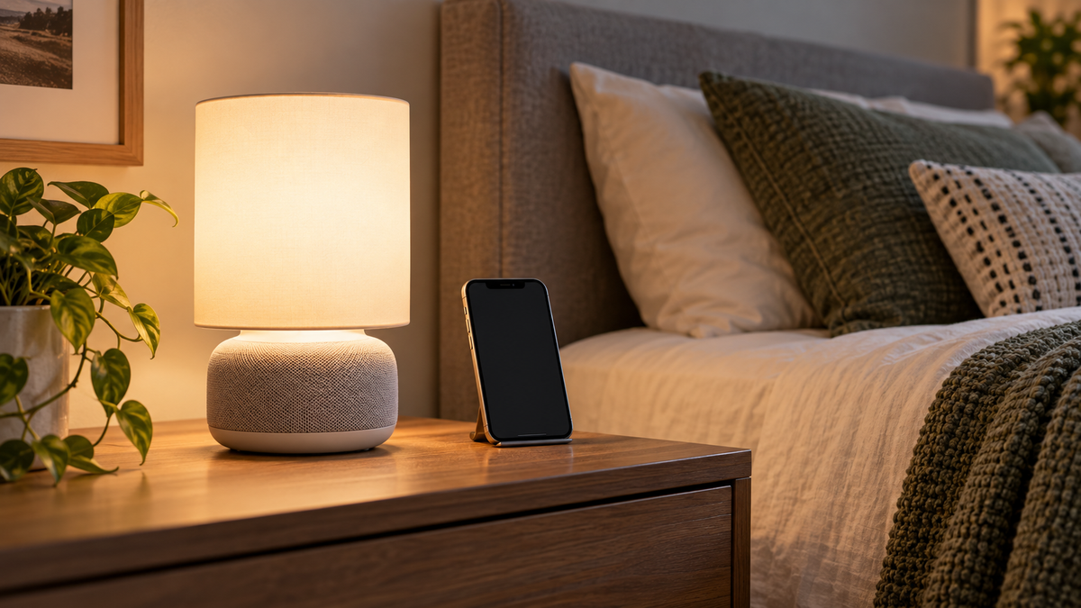 Unbranded smart bedside lamp with an integrated speaker paired to a generic smartphone
