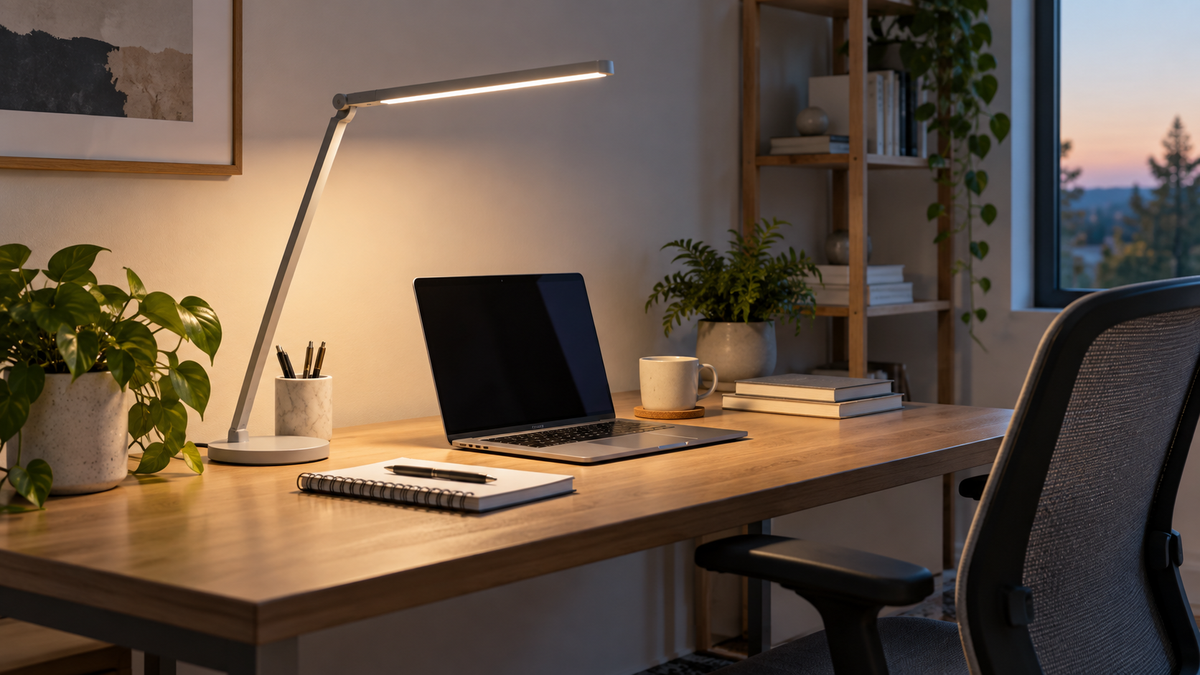 Unbranded smart LED desk lamp lighting a tidy home-office workspace