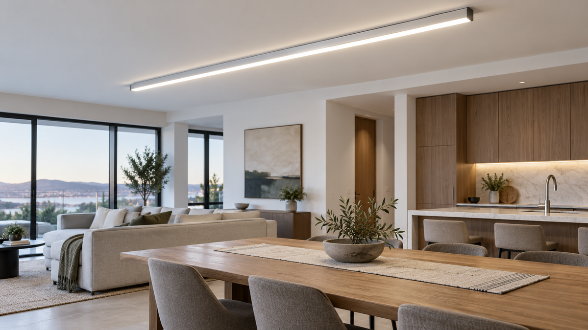 Unbranded smart LED tube light installed in a clean modern linear ceiling fixture