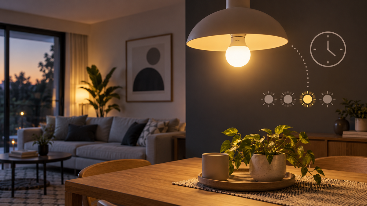 Unbranded smart light bulb illuminating a room beside a phone showing a simple timer interface without text
